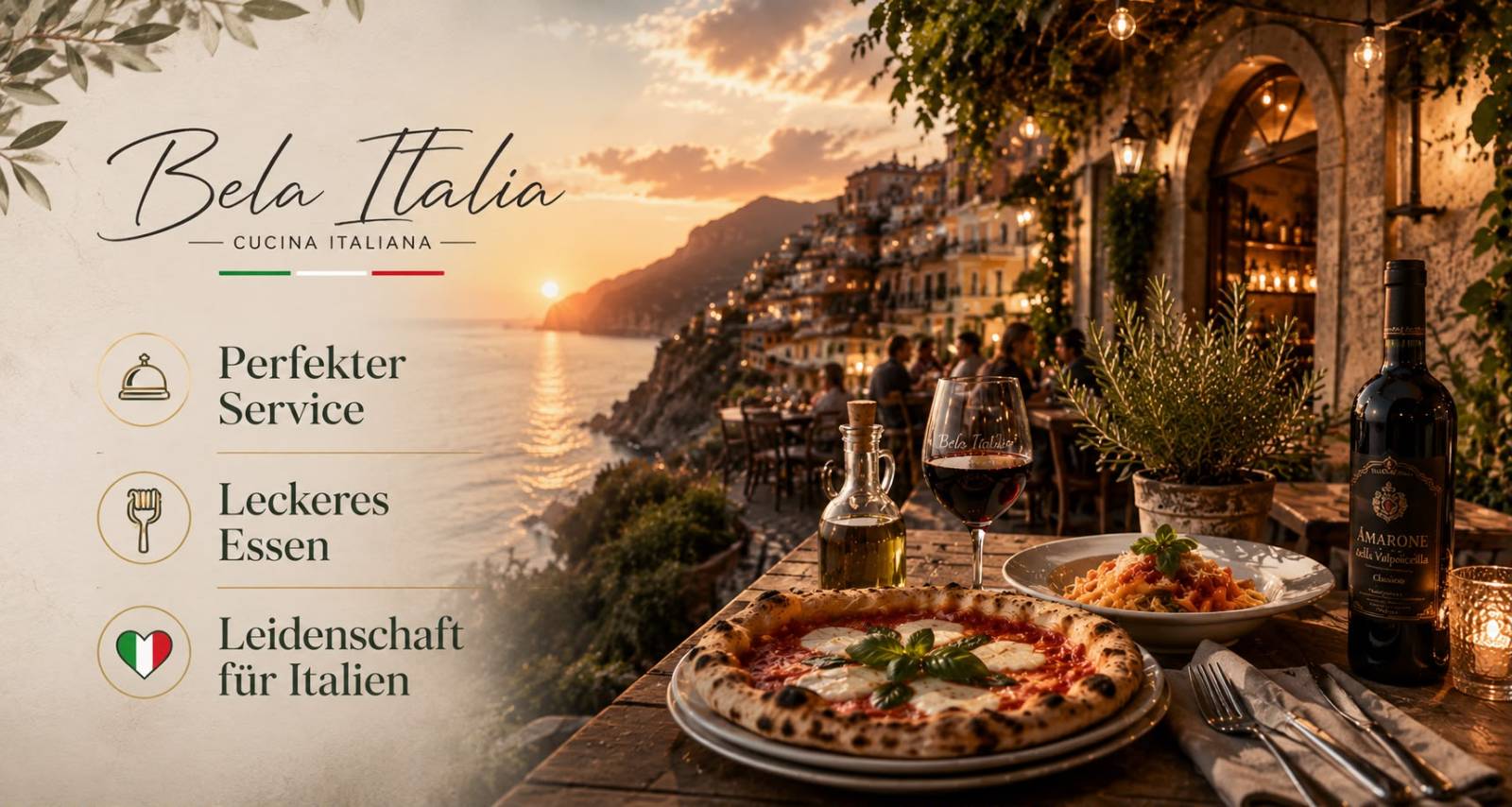 Bela Italia – Cucina Italiana: Pizza, Pasta und Rotwein auf einer Terrasse über dem Meer bei Sonnenuntergang